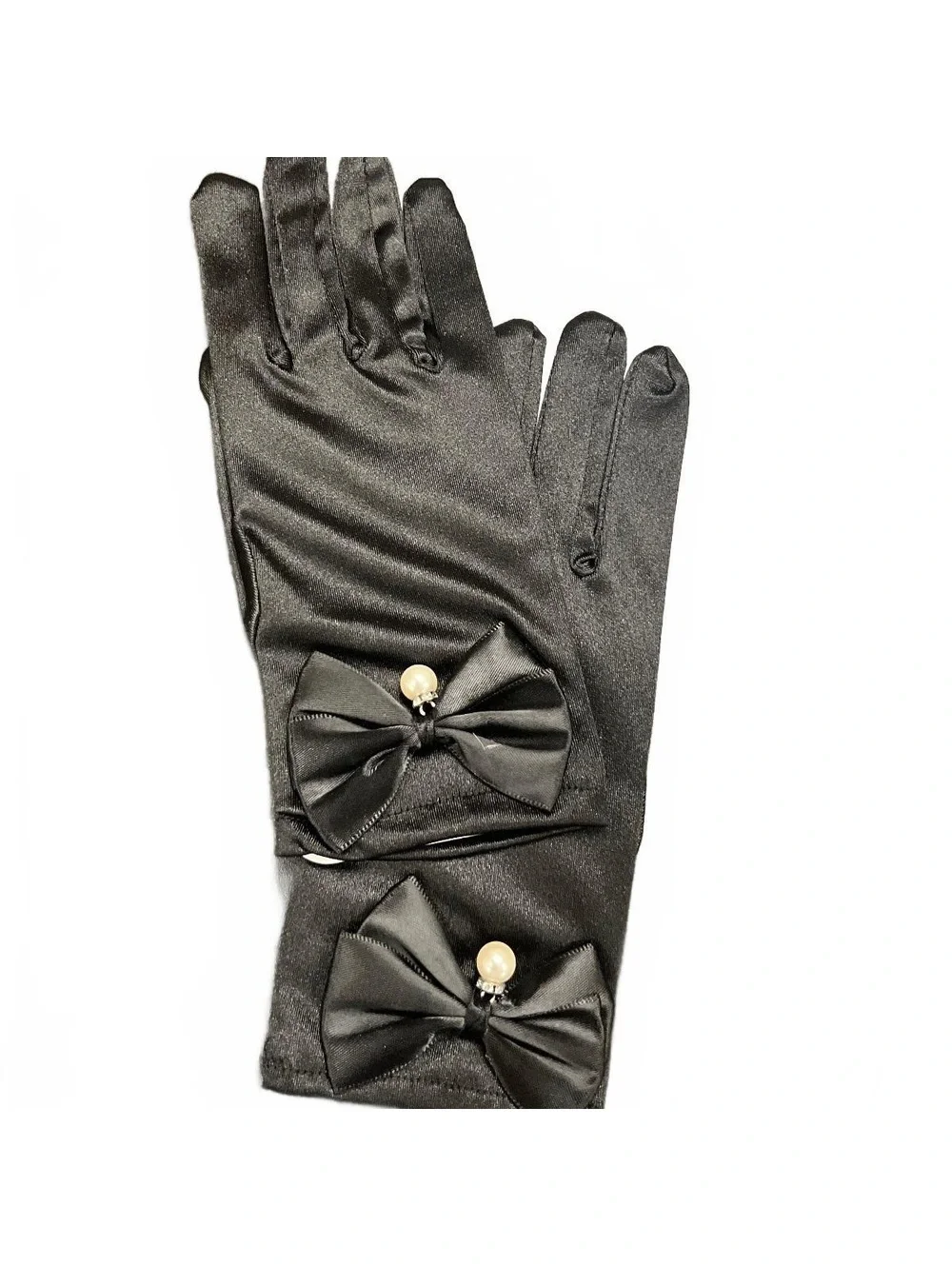 Black Satin Formal Wrist Length Gloves with Bow Pearl Drop NWT